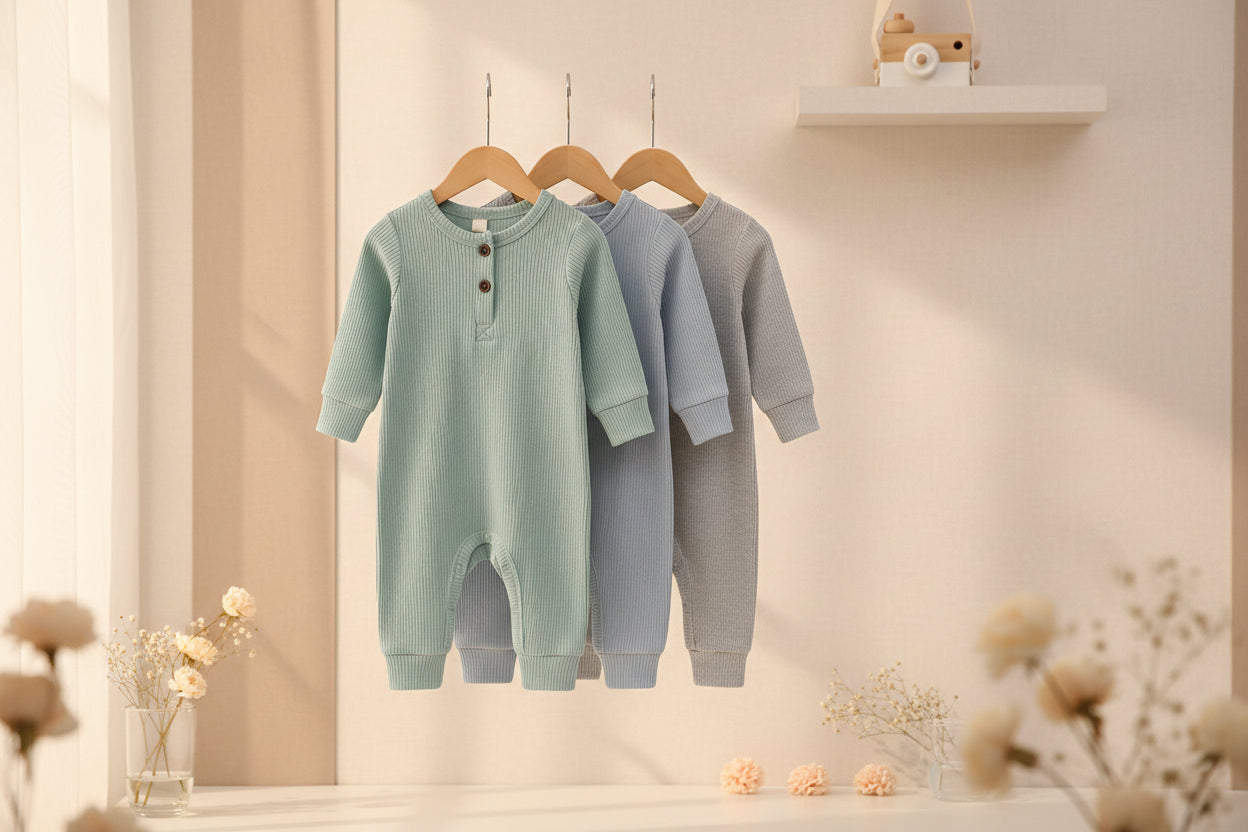 Unisex ribbed baby romper outfit with long sleeves