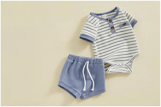 Soft infant button short sleeve romper with matching shorts