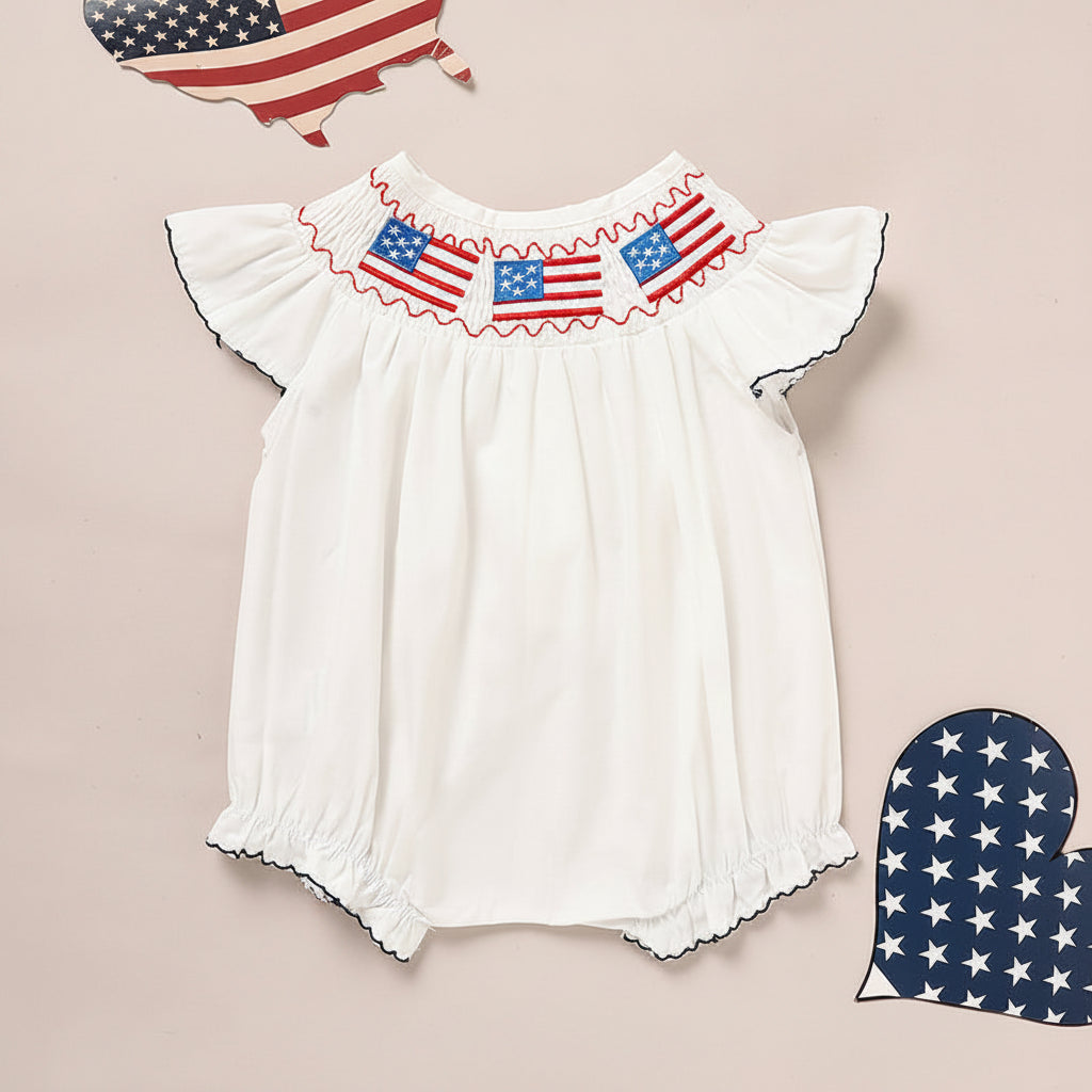 Baby girl 4th of July bubble romper with American flag embroidery
