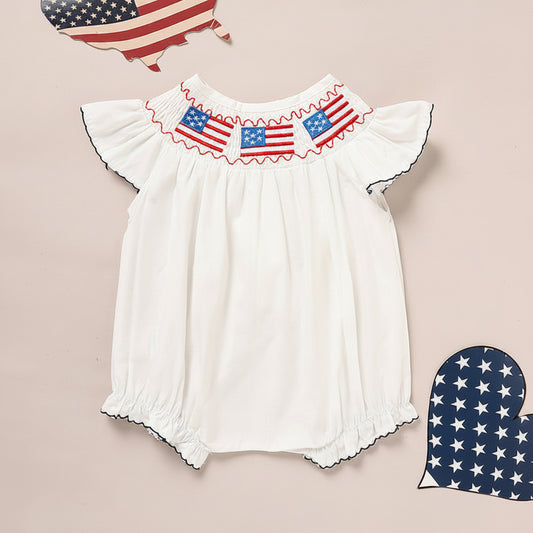 Baby girl 4th of July bubble romper with American flag embroidery