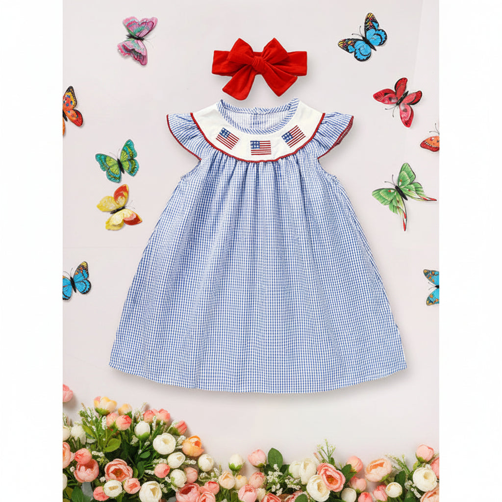 Baby girls 4th of July gingham patriotic dress with American flag style