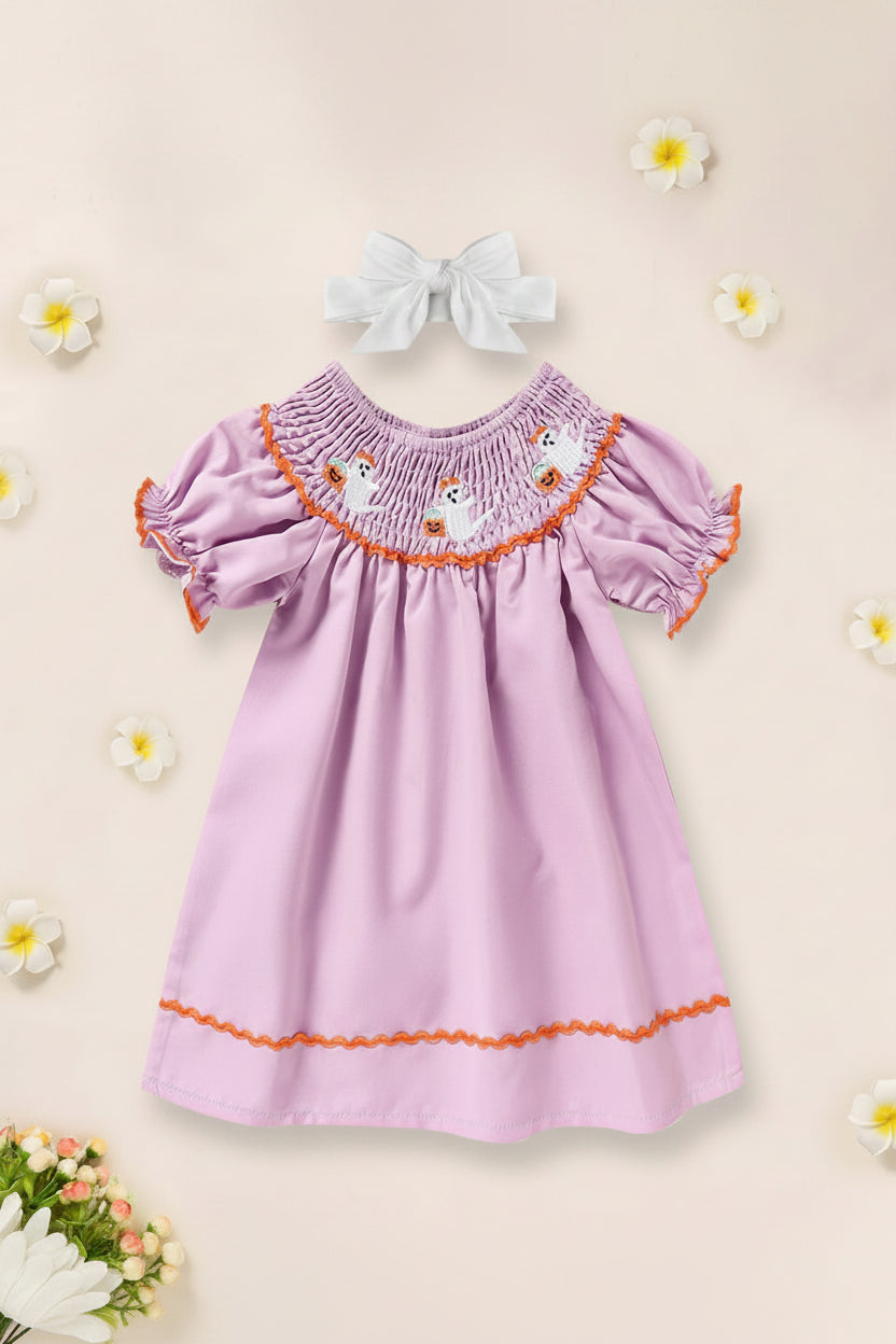 Infant baby girl Halloween ghost embroidery dress with matching headband
