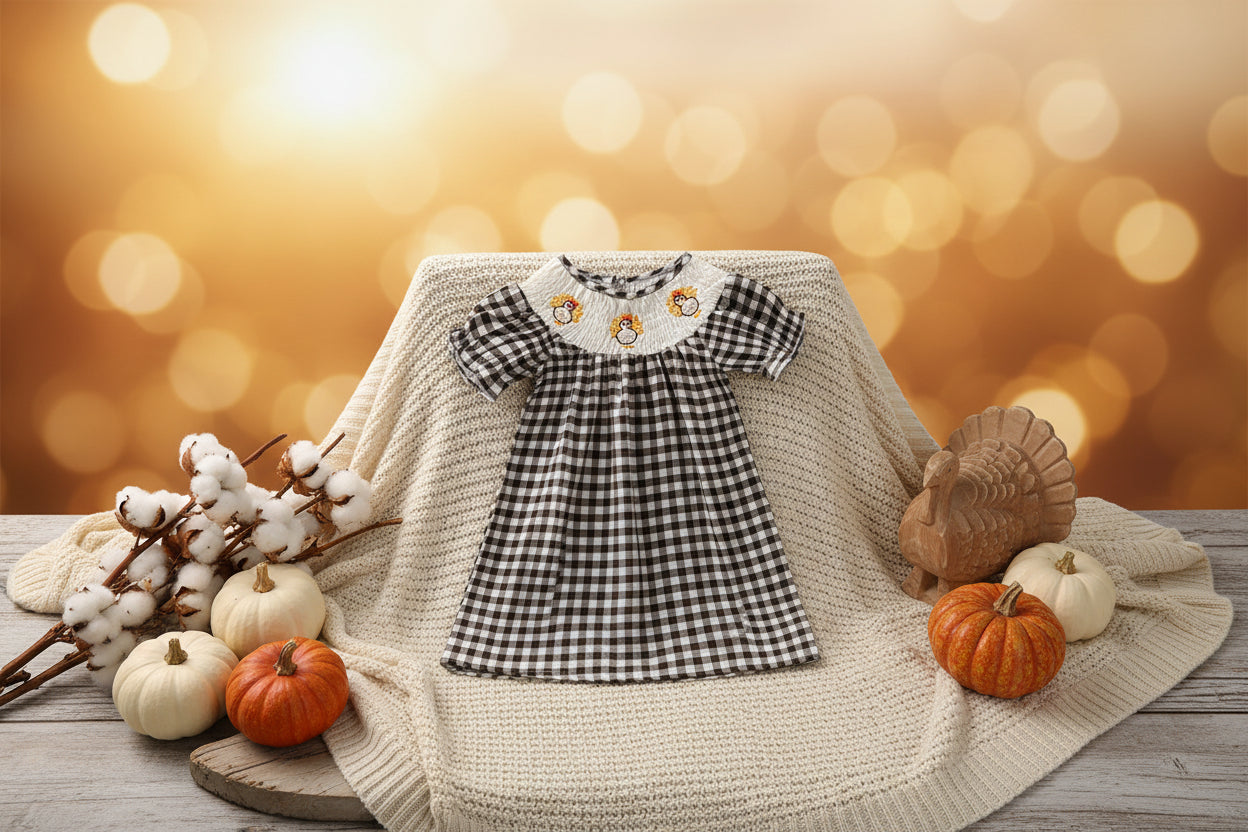 Baby girl Thanksgiving turkey print plaid dress for fall parties