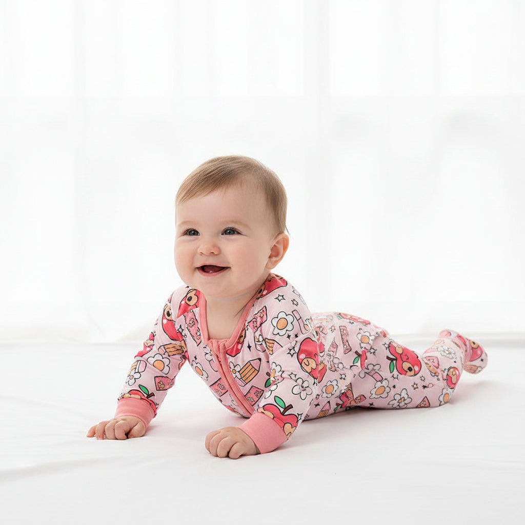 Adorable infant girl one-piece pajama outfit sitting on white background