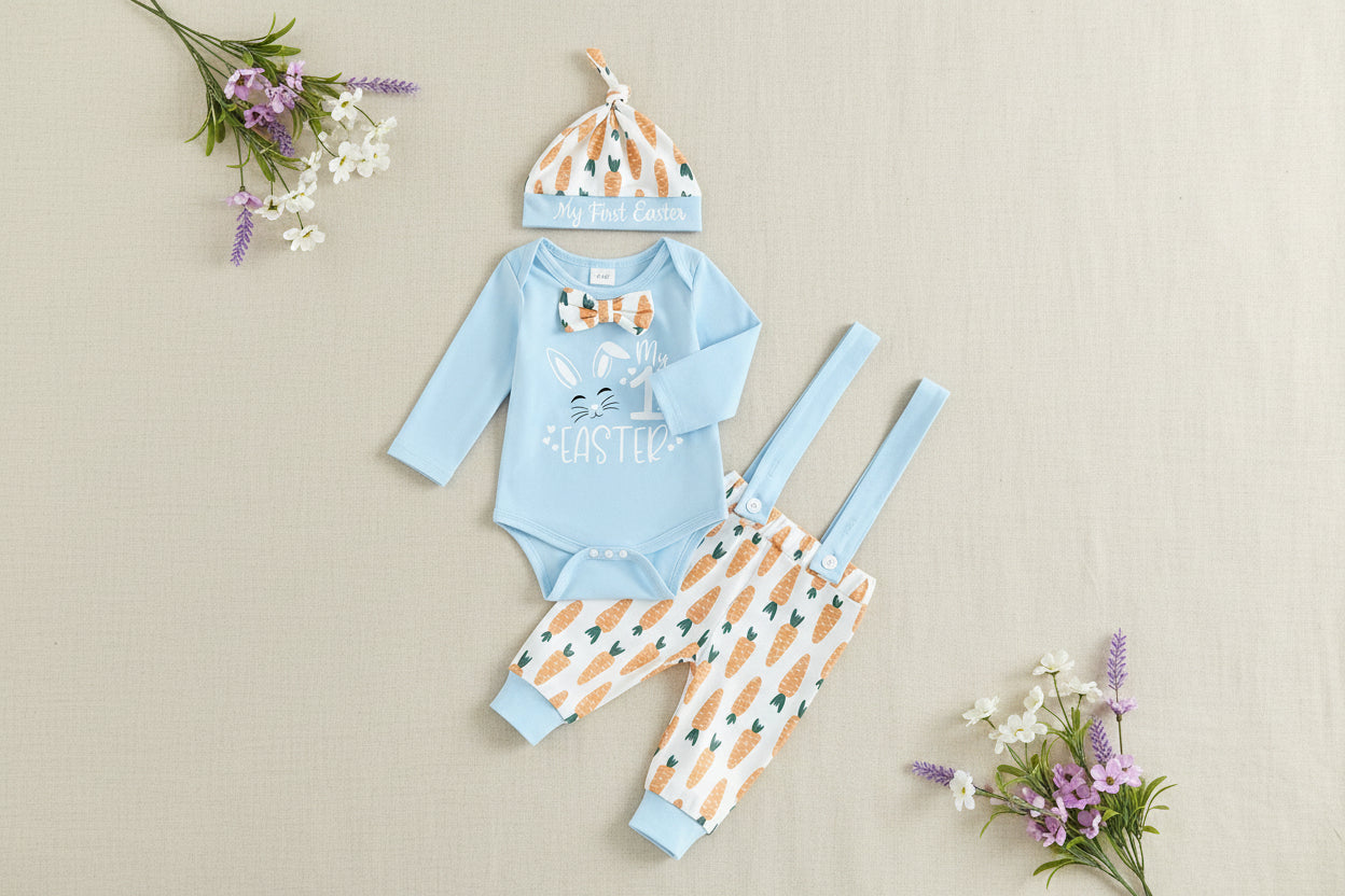 3PCS baby rabbit costume set with jumpsuit, carrot suspender pants, and hat