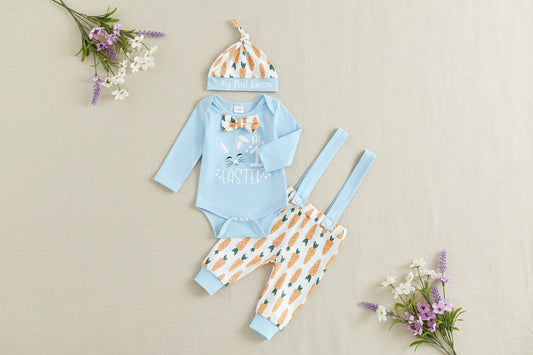 3PCS baby rabbit costume set with jumpsuit, carrot suspender pants, and hat