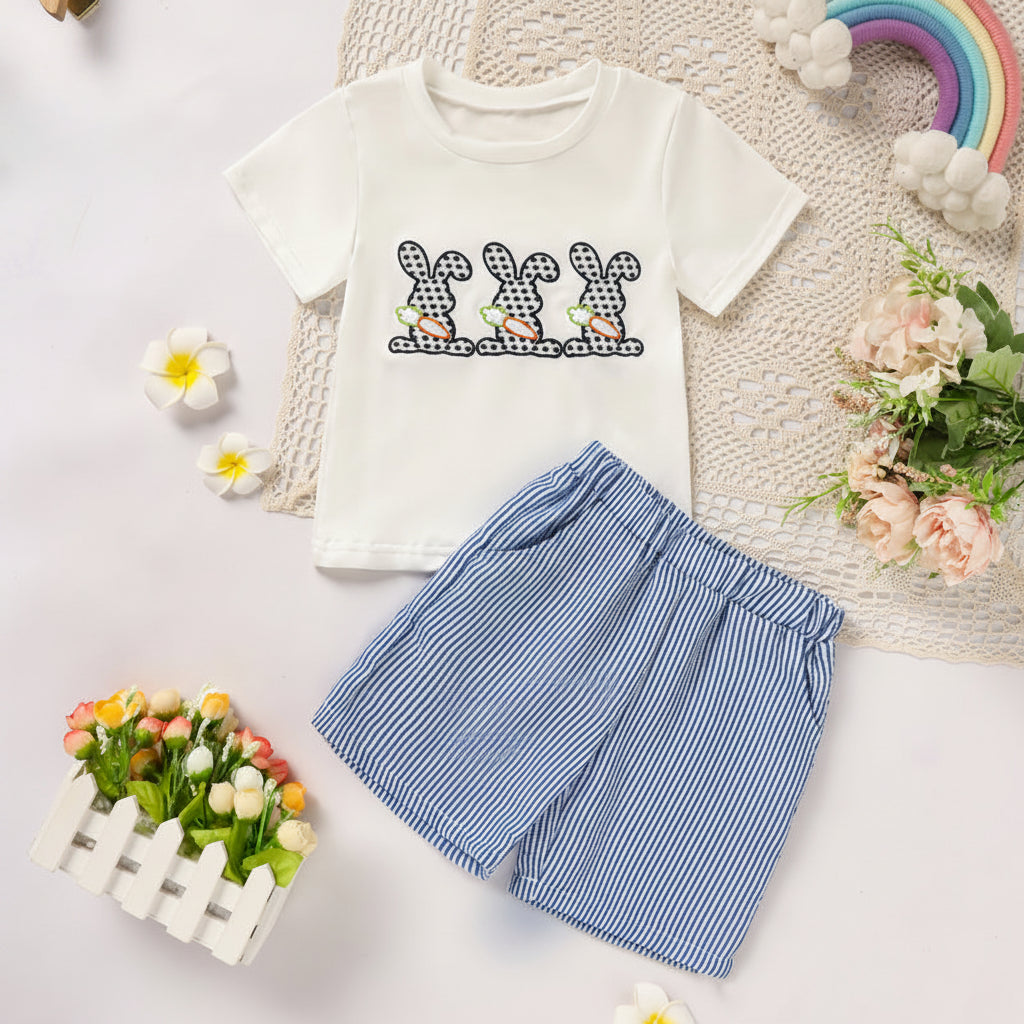 Toddler casual 2-piece outfit with bunny embroidery and striped shorts
