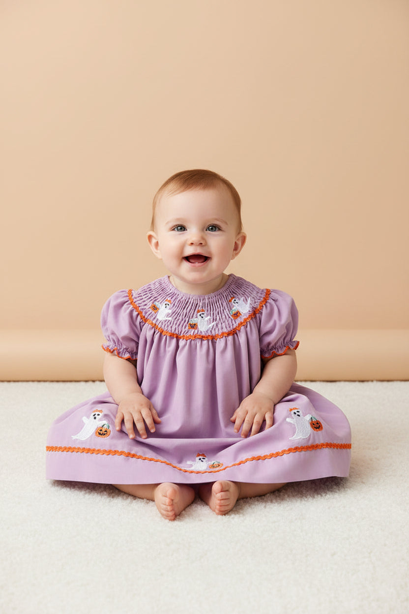 Boutique toddler Halloween dress with ghost embroidery detail