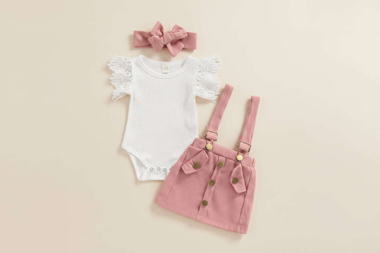 3PCS infant baby girl summer outfit with ruffle ribbed romper