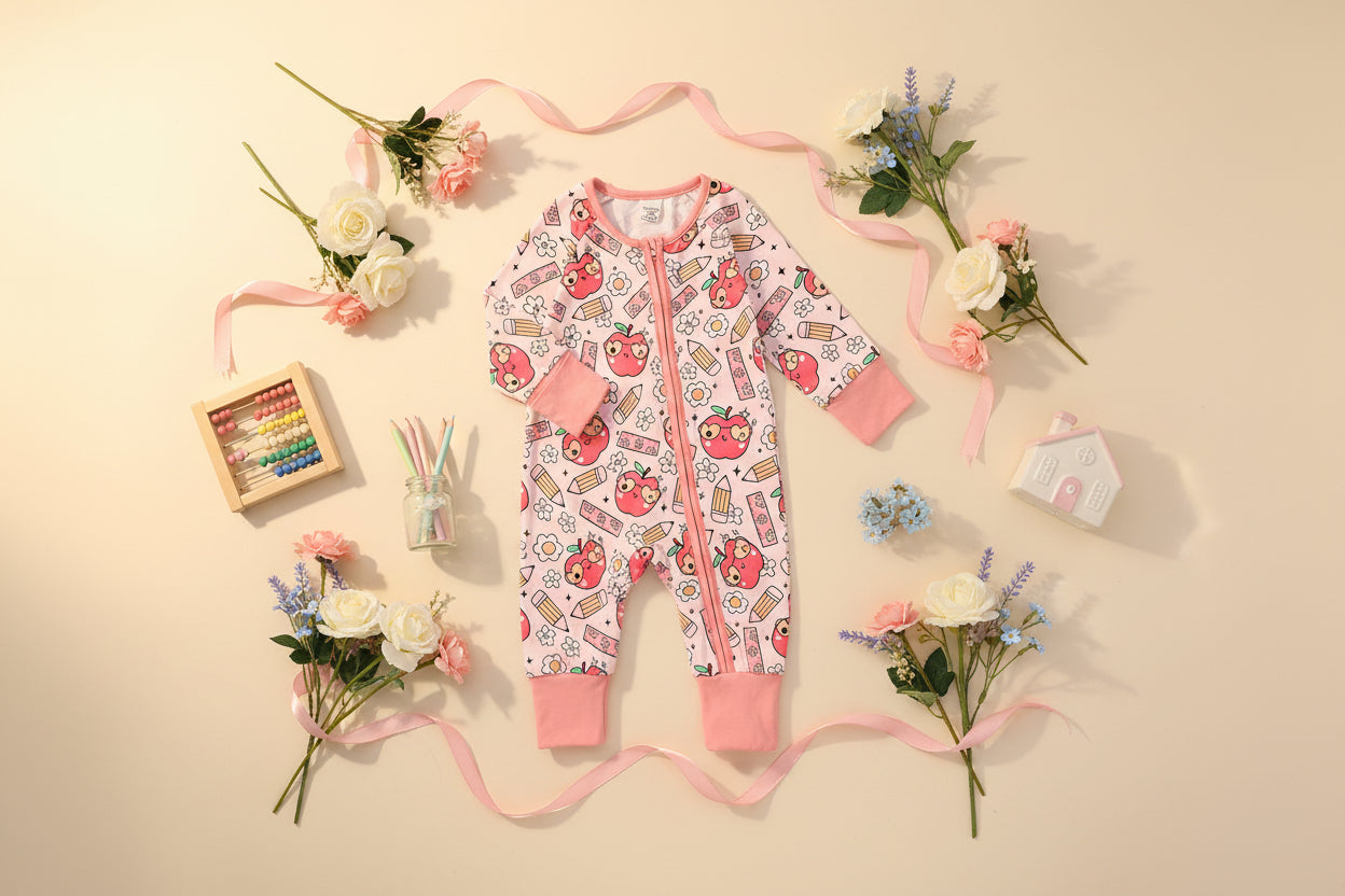 Infant back to school romper with apple and pencil print