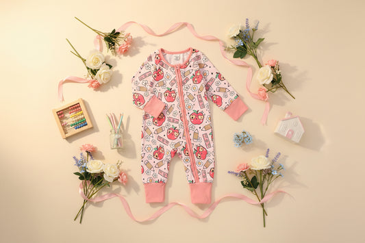 Infant back to school romper with apple and pencil print