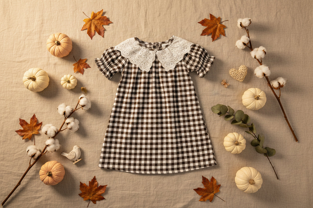 Infant short sleeve Thanksgiving dress with plaid design
