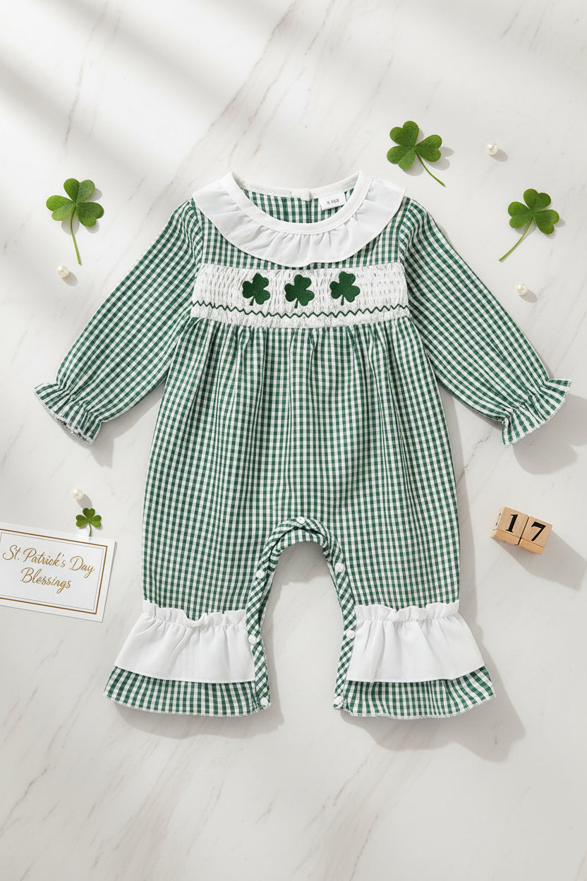 Newborn baby girls green plaid four-leaf clover bodysuit