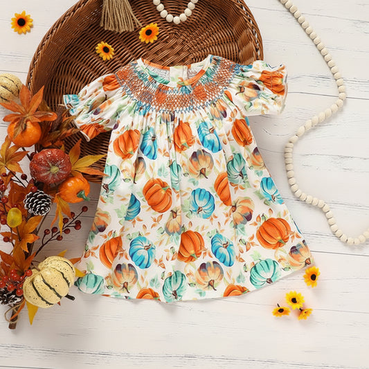 Toddler baby girl pumpkin smocked dress for Halloween and Thanksgiving