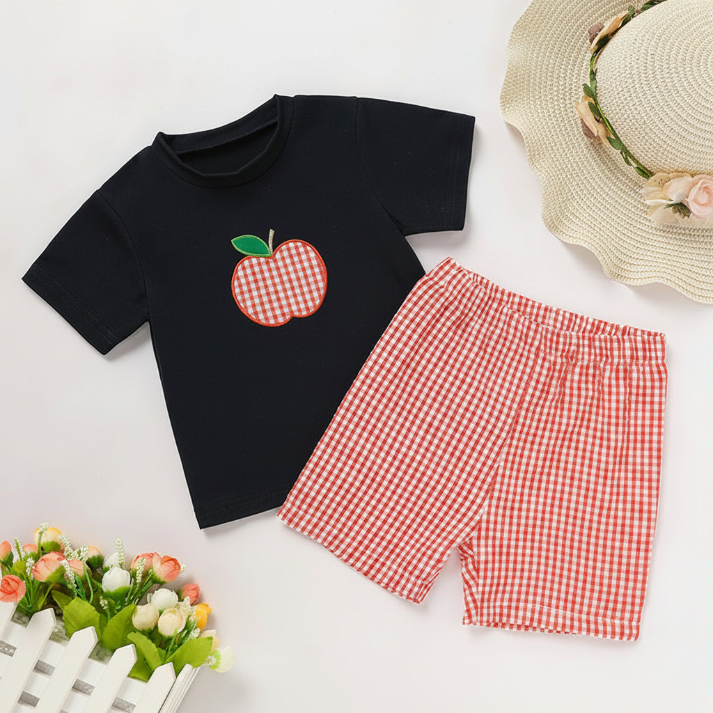 Toddler baby boy back to school outfit with applique T-shirt and gingham shorts