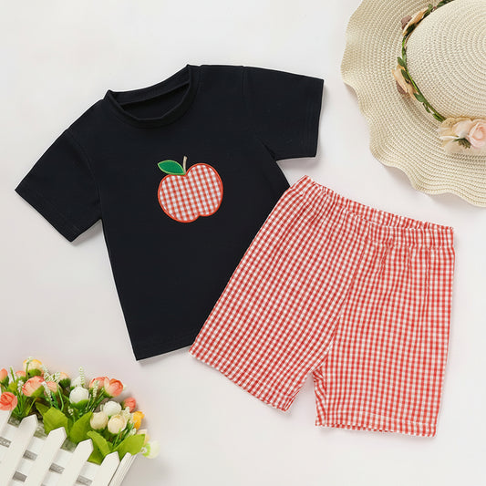 Toddler baby boy back to school outfit with applique T-shirt and gingham shorts