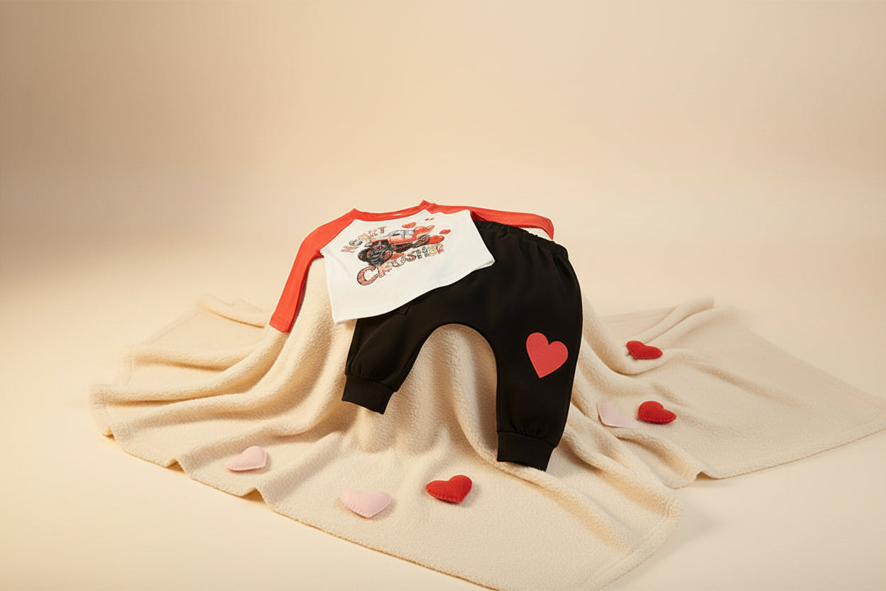 Baby boy Heart Crusher Valentine’s Day outfit with heart print pants
