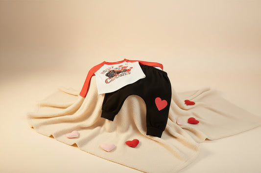 Baby boy Heart Crusher Valentine’s Day outfit with heart print pants